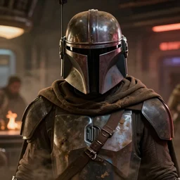 star wars film still, closeup portrait of a dirty sand trooper mandalorian bounty hunter wearing a hooded cloak, standing in a cantina, dust, scum and villainy, rim light, embers, hyper detailed, smooth, high contrast, concept art, gta v, volumetric lighting, ralph mcquarrie, doug chiang, ryan church