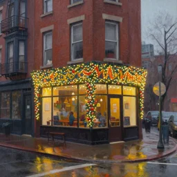 a painting of a street corner in Haight neighborhood with a coffee shop covered in christmas lights, by Tyler Edlin, behance contest winner, american scene painting, concept art, streetscape, rainy, cozy