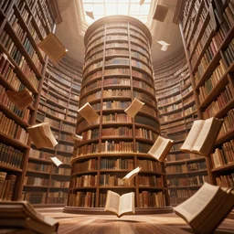 ancient library, floating books in the air, magical atmosphere