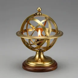 aphoto of an ancient, powerful brass and gold artifact round ball spherical astrolabe liahona lamp with a flame inside, sitting on a wooden table. the intricate, metal lace, detailed ball is covered in dials and ancient egyptian markings, glowing powerfully with a yellow light from within