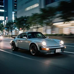 photo of a porsche 911 at night driving fast through a city, cinematic, 4k, long exposure photography, tokyo drift, fast and furious, kodak portra 400