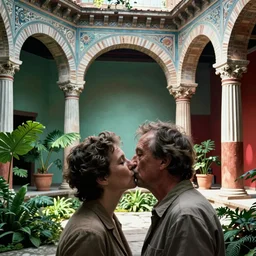 head to shoulders kiss, photography by saul leiter and ernst haas in a decorated pompeii peristylium, plants, bright pale green airforce blue, red