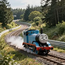 Thomas the Tank Engine, drifting around a corner, on the race track at the Nurburgring Nordschleife. Setting a hot lap, on the race track. no train tracks