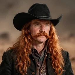 portrait drunk cowboy redhead long hair, big moustache, black stetson and coat, dusty backgroung, albert bierstadt, frank tenney johnson, frazetta