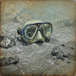 fineline shiny rocky sea floor glimmering thin contours mixed media aged fresco, abandoned scuba visor