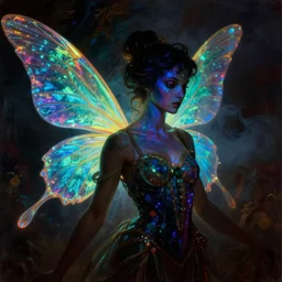 a baroque neoclassicist close - up portrait of a colorful retrofuturistic blacklight uv silhouette of an alien fairy godess with iridescent wings. glowing fog in the background. renaissance portrait painting. highly detailed science fiction painting by norman rockwell, frank frazetta, and syd mead. rich colors, high contrast, gloomy atmosphere, dark background. trending on artstation
