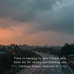 Time is hanging by his final thread And the skies are burning and bleeding now Holding on to this beautiful pain Teardrops follow diamonds in the rain
