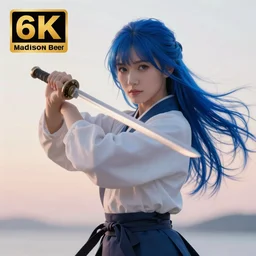 highly detailed beautiful photo of a madison beer as a young female samurai, practising sword stances, symmetrical face, beautiful eyes, cobalt blue hair, realistic, 8 k, award winning photo, pastels colours, action photography, 1 / 1 2 5 shutter speed, sunrise lighting,