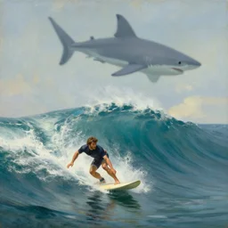 A man on a surfing board, surfing a giant wave, beanth the water surface a giant shadow of a shark, painting by Aivazovsky