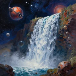 !! waterfall !! in asteroid field, space with stars and cosmos in background, ultra detailed, high quality, very sharp, artstation award winner, oil painting, digital painting, real photo, 8k, vibrant, ultra detailed water