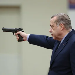 recep tayyip erdogan shoots herself with a gun in her hand