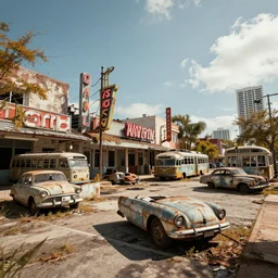 low wide angle shot of dilapidated fallout 5 miami, european small town, desolate, dilapidated neon signs, few rusted retro futuristic vintage parked vehicles like cars, buses, trucks, trams, volumetric lighting, photorealistic, daytime, autumn, sunny weather, sharp focus, ultra detailed, f 1. 4, 4 0 0 0 k