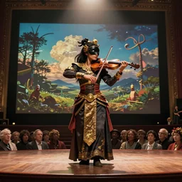 craig mullins and ghibli digital art of on the huge stage, the masked female violinist playing alone, she wore a strong exotic costumes, gold ornaments, black hair, circulation string sound with graceful figure, evoke the desire of every audience present. unreal engine, hyper realism, realistic shading, cinematic composition, realistic render, octane render, detailed textures, photorealistic, wide shot