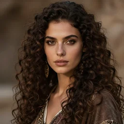 ethereal beautiful woman with long curly hair in romany gypsy outfit, high detail, detailed dark eyes, brown dark aesthetic, fantasy