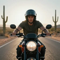 young man on a desert road on his motorcycle, cool helmet, driving toward camera, close - up, worms - eye - view, cacti, cinematic lighting, dramatic backlight, long lens, bokeh, masterpiece by louis klemantaski and james moy