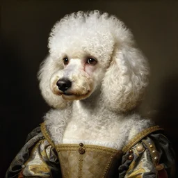 portrait of a white poodle with curly white fur and curly white hair as an italian queen, painting by botticelli, 1 4 8 0 s