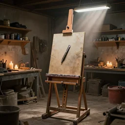an insanely detailed realistic depiction of a garage workshop, easel, ( ( ( ( chisel ) ) ), in the style of peter mohrbacher, artgerm, dramatic lighting and composition, photorealism, ( ( ( ( ( ( candles ) ) ) ) ) ), volumetric lights, ( ( ( ( ( some dust in the rays of lights ) ) ) ) )