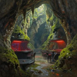 futuristic nightclub in a mossy dripstone cave. oil painting by award - winning concept artist. backlighting, chiaroscuro, field of depth.