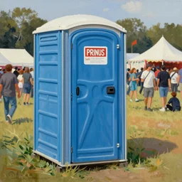 A Thomas Kinkade Painting of a porta potty at a music festival