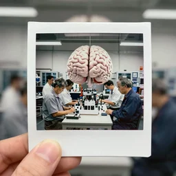 polaroid photo of many engineers working inside a workshop where hallucinations are manufactured, cerebral interior by moebius in the style of jean giraud