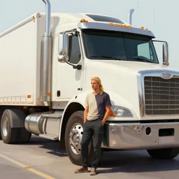 a beautiful illustration of a blonde man with ponytail posing next to their 1 8 wheeler truck, 1 8 - wheeler truck, sharp focus, illustration, highly detailed, digital painting, concept art, matte, art by wlop and artgerm and greg rutkowski and alphonse mucha, masterpiece