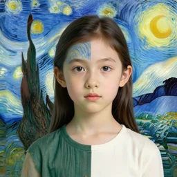 potrait of a young girl that is half van gogh and half picasso