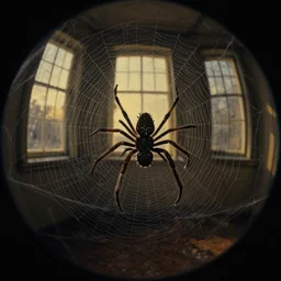 Spider stealing past softly through the shadow of the evening sun, background of windows of the blissfully dead, a tangle of spider webs, surrealistic, fisheye, dark, matte painting by Jeffrey Smith and Dan Mumford and Ernst Haeckel, trending on artstationhq, 4k HDR