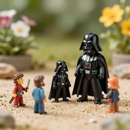 8 5 mm food photography of darth vader playing with toys near a garden with sand with dof and bokeh and flowers o