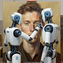 robot artist painting a self - portrait on a canvas. intricate, highly detailed, digital matte painting, in the style of hans thoma, and in the style of gil elvgren. irony, recursion, inspiration.
