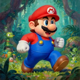 super mario lost in mystic jungle , oil painting by frank frazetta