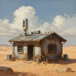 a painting of a small dystopian sci - fi safehouse in a salty desert landscape, transmitters on roof, electrical appendages, rusty metal plating, cumulus clouds, greg rutkowski, marc simonetti, sergey vasnev, cinematic composition, concept art, artstation, 8 k, highly detailed