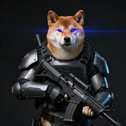 tactical military exoskeleton armor and rifle, realistic anthropomorphic shiba inu visible face, neon laser eyesight, science fiction, dark, portrait by donato giancola and greg rutkowski and wayne barlow, realistic face