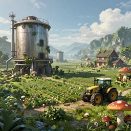 fully detailed landscape of a cyberpunk farm , watertank, futuristic tractors, farmhouse, mushroom, overgrowth,  Ai , in the future, high quality, 8k , octane render, trending on artstation , greg rutowski