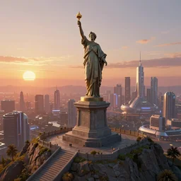 matte painting of a statue on top of a hill that overlooks a futuristic city at sunset
