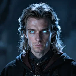 a male wizard with glowing eyes, frontal view, cool looking, photoshop