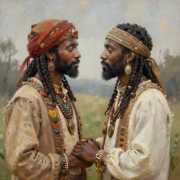 two black men wedding in 1 9 7 0 hippie fashion, digital painting, ultradetailed, artstation, oil painting, ultradetailed, artstation