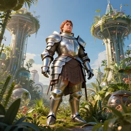 a chubby female knight veteran in a hi-tech botanical world with blue skies | style of donato giancola, vincent callebaut, dramatic light | high detail | cinematic lighting | pristine metals, glass, plants | solarpunk | golden hour | volumetric lighting | wide body | concept art |