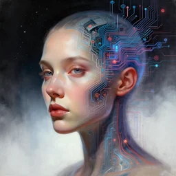 a ascendant, neural digital painting of a woman's head with a space in the background by android jones, cgsociety, analytical art, dystopian art, redshift, circuitry
