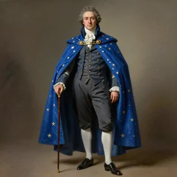 a victorian era artist with a blue cape, stars, sincere, modern maximalist suit, is ( ( holding a cane ) ). light dust, magnificent, hyperdetailed, theatrical, painted by jean honore fragonard and greg rutkowski