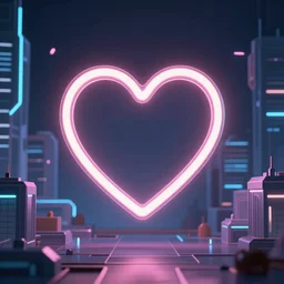 A glowing neon heart suspended in the air above a futuristic city, cyberpunk digital art