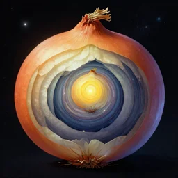 the universe evolving causally depicted as layers on an onion, highly detailed