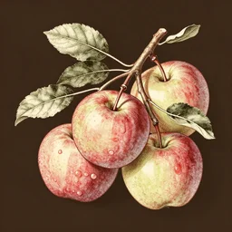 a botanical illustration of apples and thin leaves, dark brown background, vintage illustration, pinterest, tumblr, flickr