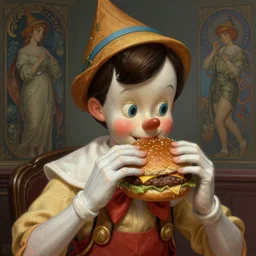 portrait of pinocchio eating giant hamburgers, ethereal, handsome, d & d, fantasy, intricate, elegant, highly detailed, digital painting, artstation, concept art, matte, sharp focus, illustration, art by artgerm and greg rutkowski and alphonse mucha