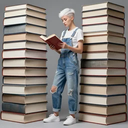 full body pose, beautiful girl reading a book, short white hair shaved sides, painted overalls, stacks of giant books, highly detailed, 4 k, hdr, smooth, sharp focus, high resolution, award - winning photo, artgerm, photorealistic