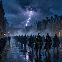 a beautiful fantasy illustration of rainy victorian london at dusk by greg rutkowski, brushstrokes, brushstroke - laden, featured on artstation, thunderstorm and bolts of lightning, wet concrete, puddles of water, dramatic composition, dark night, dark blue hue, medieval soldiers marching, medieval soldiers marching, medieval soldiers marching, volumetric fog, vertical orientation