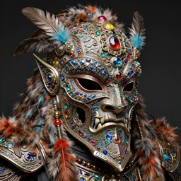 fantasy art ultra 4 k photo of a bizzare metal colorful armor warrior mask made of ceramic gem fur and feather trim intricately spectacular magnificently story carved by a master engraver by h. r. giger