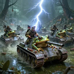 an army of warrior horror frogs, driving tanks to war in swamp, cinematic lightning, artstation trending, matte painting, 8 k, octane, digital art