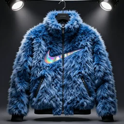 nike jacket made of very fluffy blue faux fur : : with a reflective iridescent nike logo, professional advertising, overhead lighting, heavy detail, realistic designed by alexander mcqueen