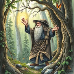 camouflage art ; the forest makes a wise old hassid wearing a shtrimel with a long beard dancing, masterpiece, golden mean, line art color pencil, watercolor, award winning by bev doolittle