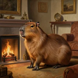 a renaissance painting off a capybara in a cozy living room by the fireplace